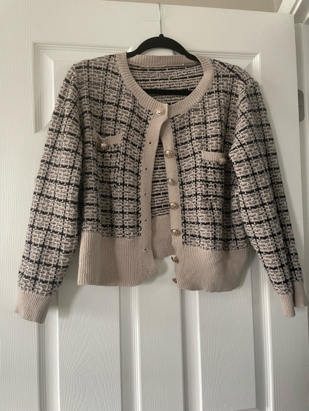 Beige and Black Tweed-Style Button Cardigan
